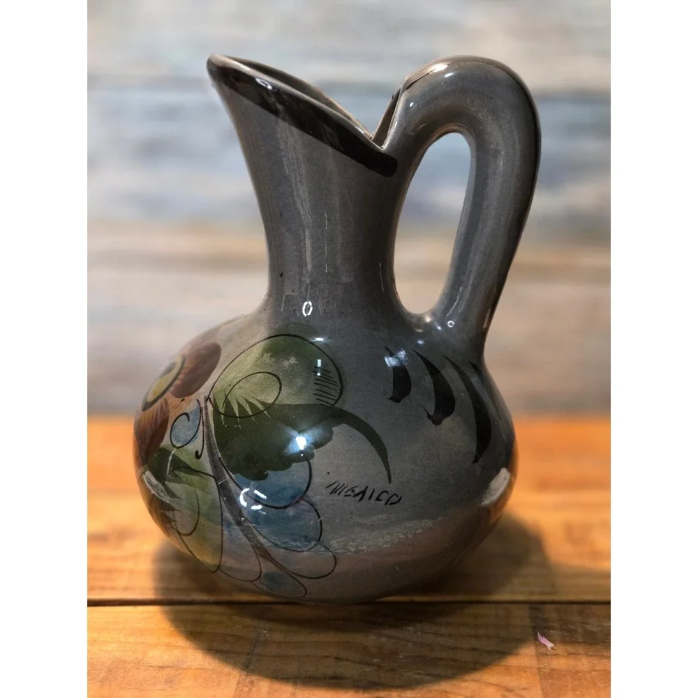 Hand Painted Mexican Talavera Pottery Pitcher Vase Floral‎ Design Gray